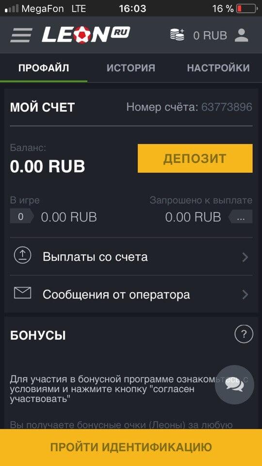 Персональная информация в приложении ЛеонБет для iOS.